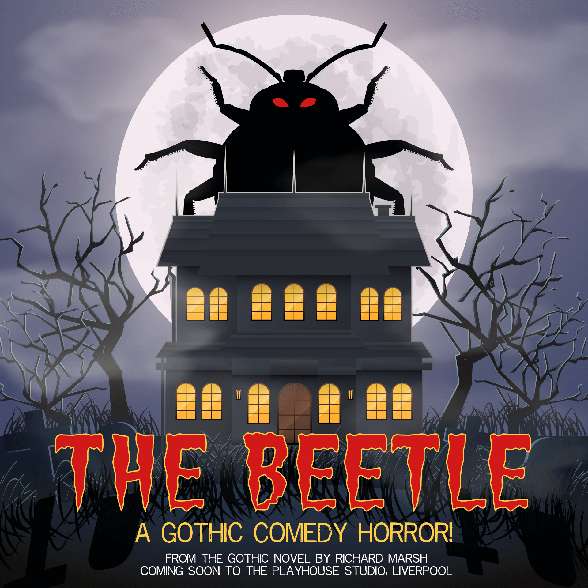 The Beetle: A malevolent mystical Beetle looming over a Gothic manor before a full moon.